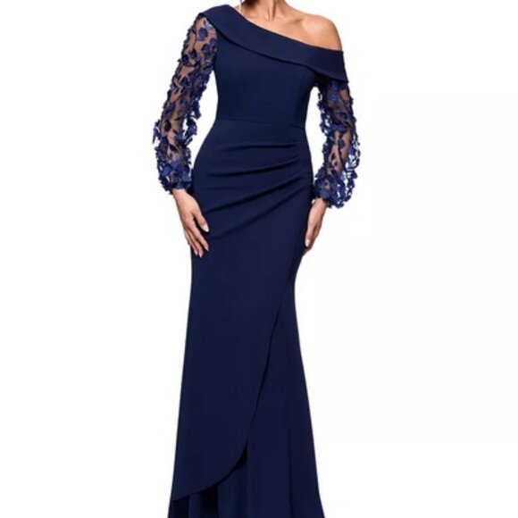 Xscape Navy Blue Floral Applique Long Sleeve Gown - Picture 1 of 4